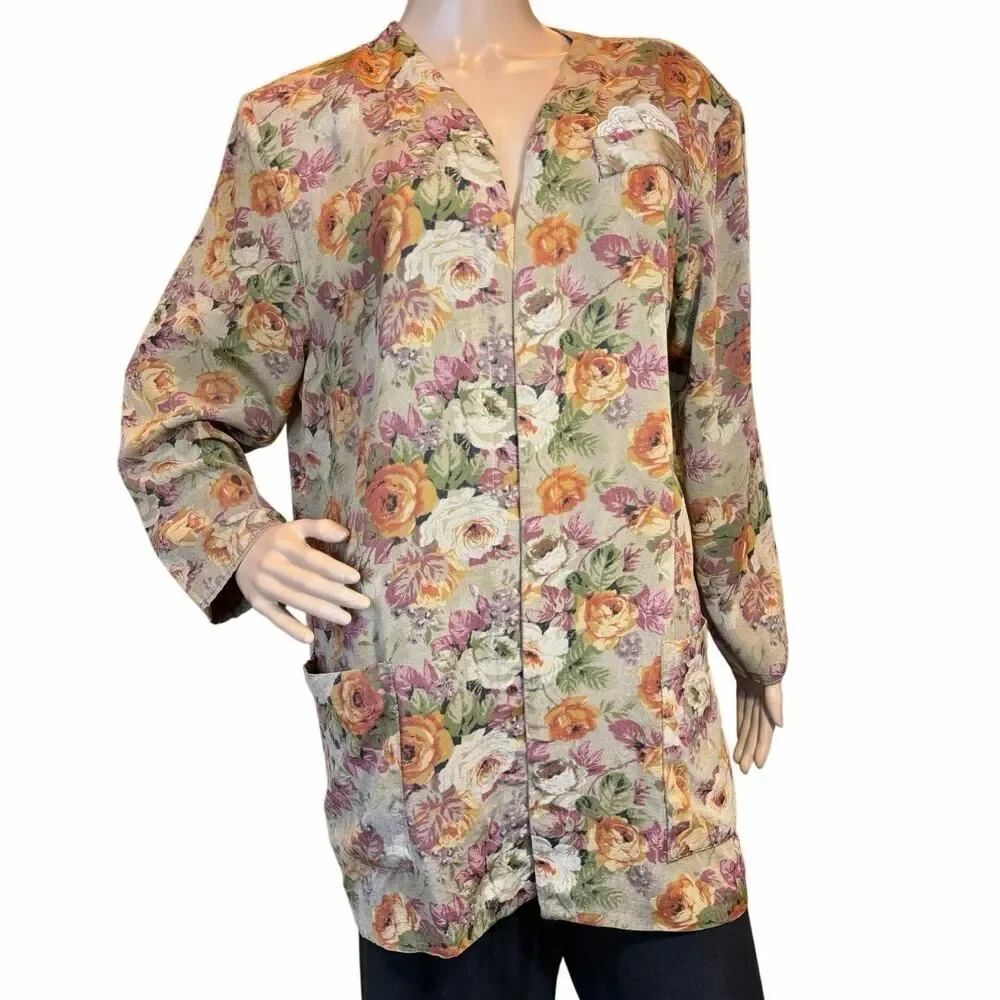 VTG 90s Floral Tapestry Grandmacore Open Jacket SZ Large Academia Granny Blazer - Picture 2 of 14